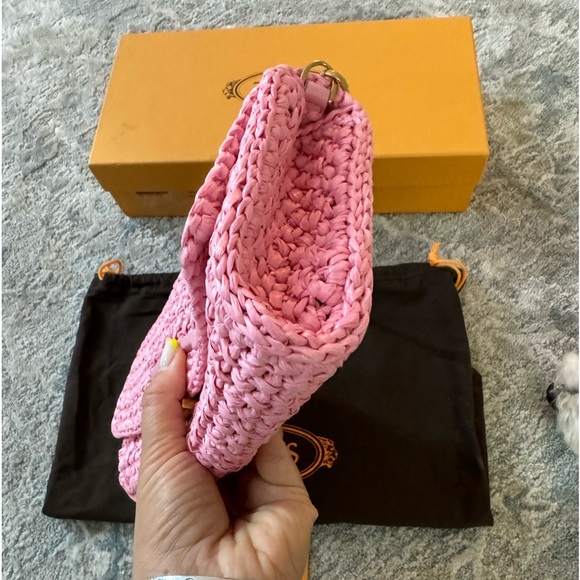 AUTHENTIC TODS RAFFIA STRAW CROCHET CLUTCH BAG PURSE LIKE NEW BARBIE PINK COLOR - Picture 9 of 16